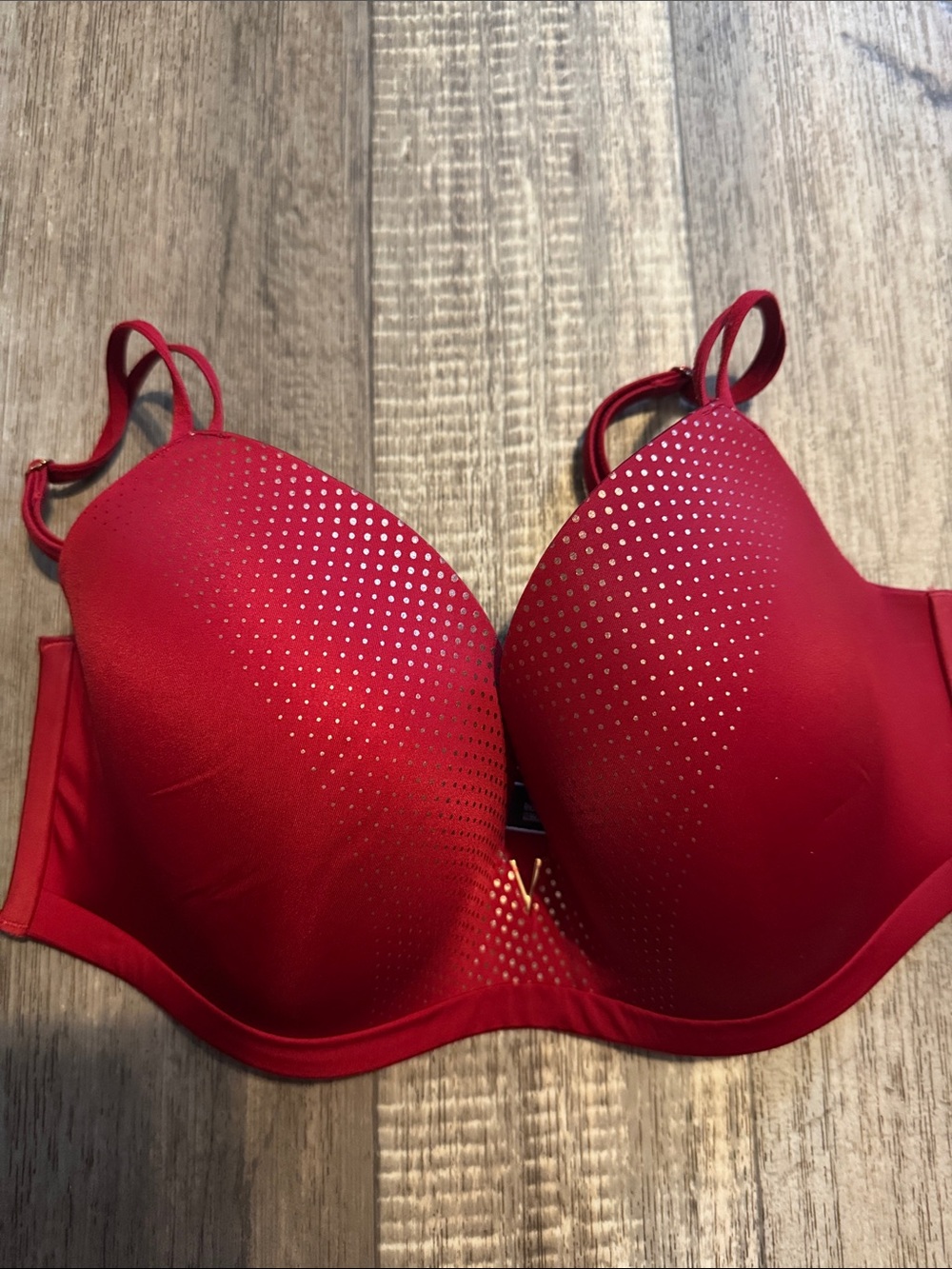 Victoria's Secret Red Padded No wire Bra with Metallic Dot Accents-size 32DD